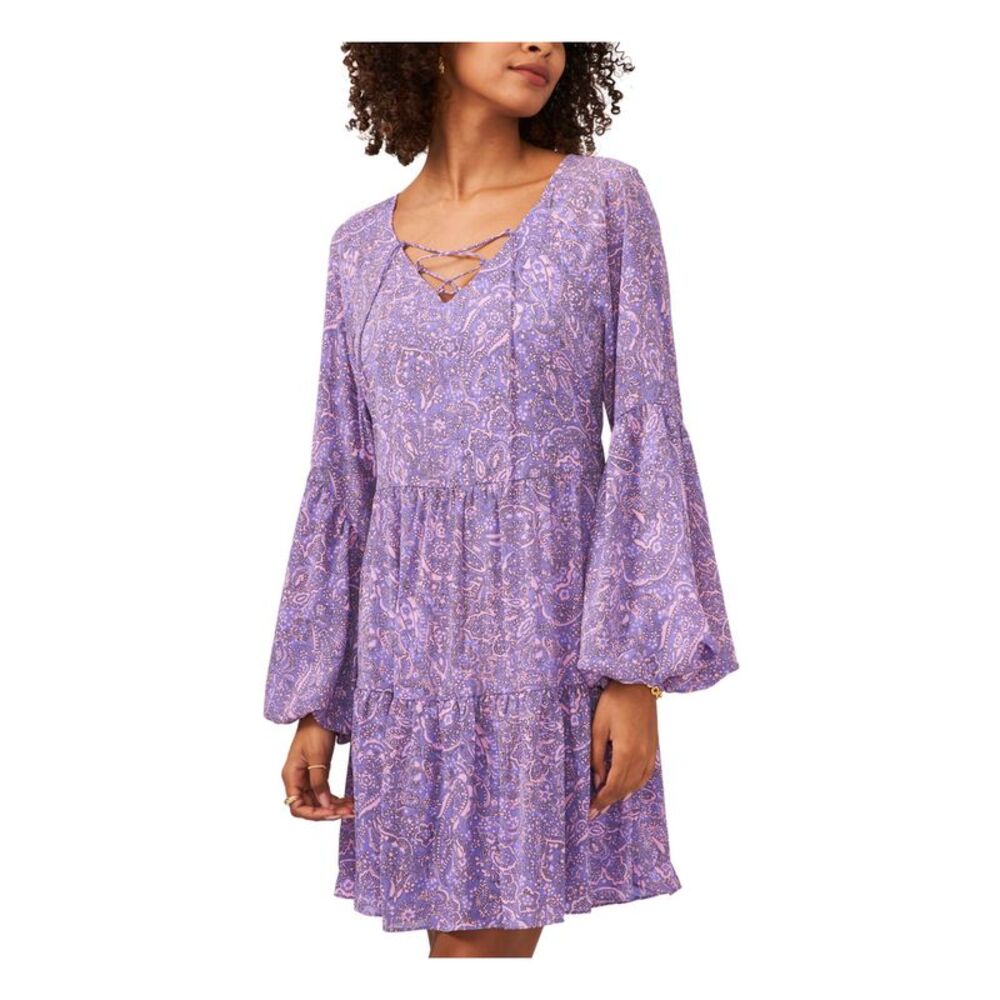VINCE CAMUTO Womens Purple Lined Pullover Lace-up Sleeve Split Short Dress XS - Picture 1 of 4